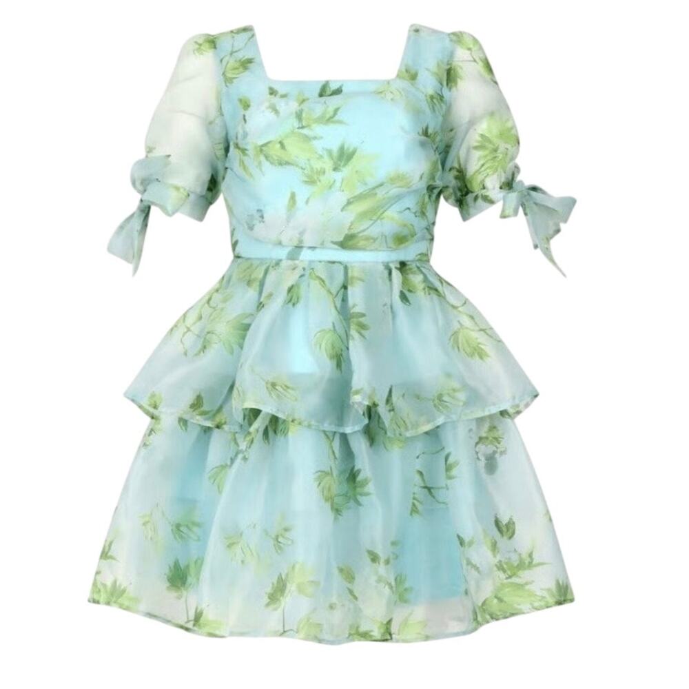 Jessakae Petal Dress XL Tiered Chiffon Floral Blue Green - Picture 2 of 14
